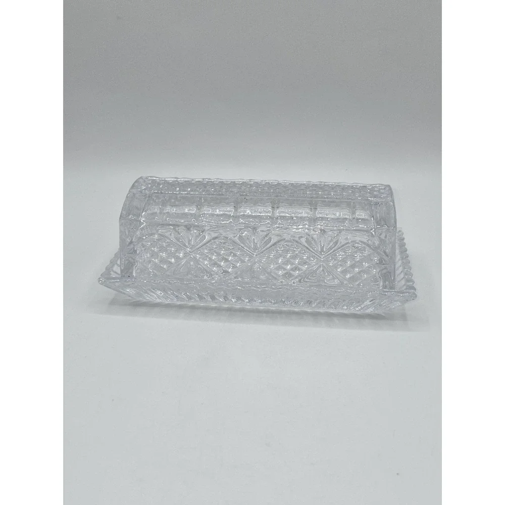 Vintage Pressed Glass Butter Dish Clear Glass Covered Dish Starburst Diamond Cut